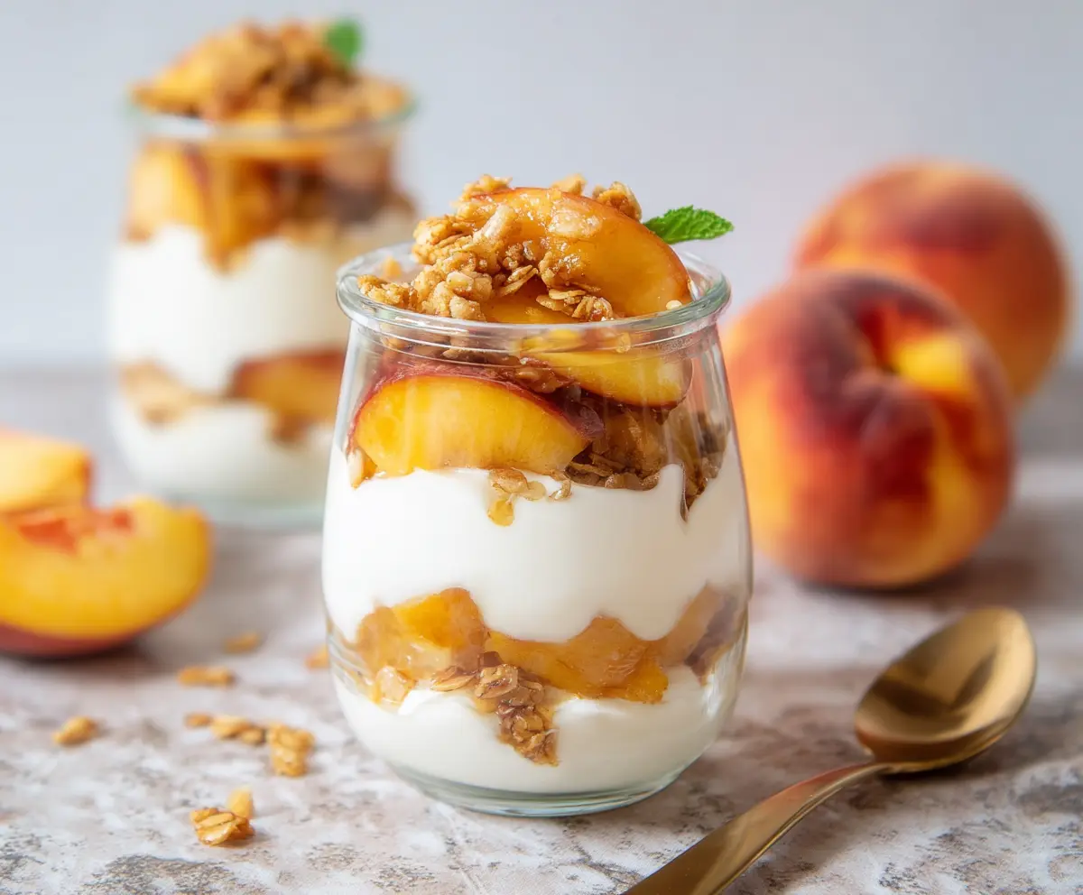 Delicious Peach Yogurt Parfait layered with fresh peaches, creamy yogurt, and crunchy granola.
