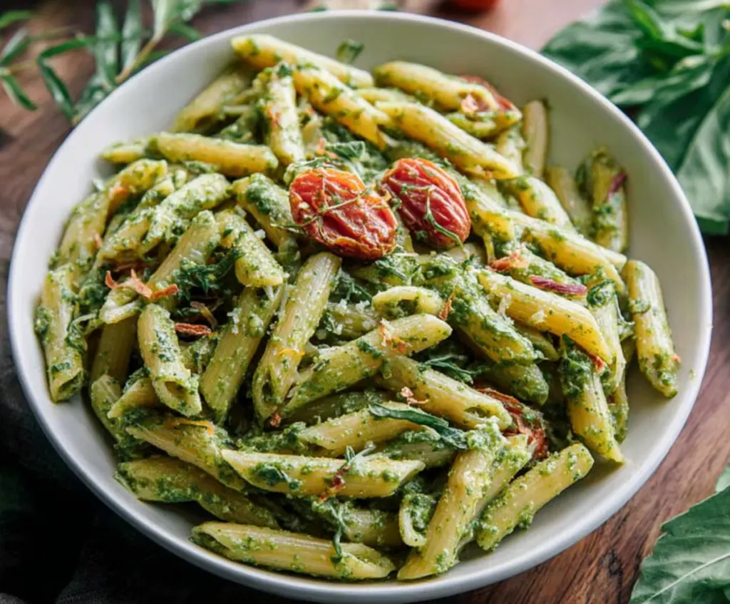 Delicious pesto penne pasta garnished with fresh basil and grated cheese