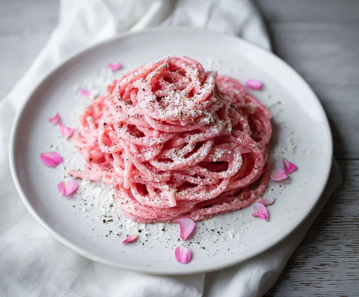 Delicious Pink Cacio E Pepe pasta dish with creamy sauce and vibrant pink hue.