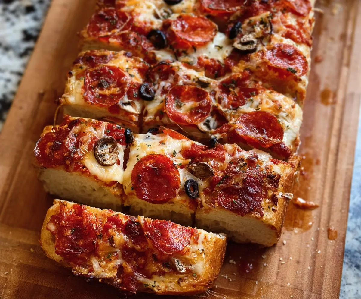 Delicious homemade Pizza Bread with melted cheese and savory toppings ready to enjoy.