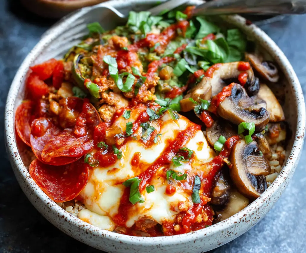 Delicious Pizza Protein Bowl with grilled chicken, fresh vegetables, and melted cheese in a vibrant bowl.