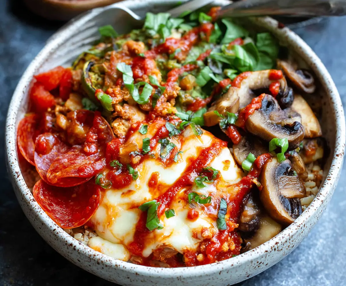 Delicious Pizza Protein Bowl with grilled chicken, fresh vegetables, and melted cheese in a vibrant bowl.