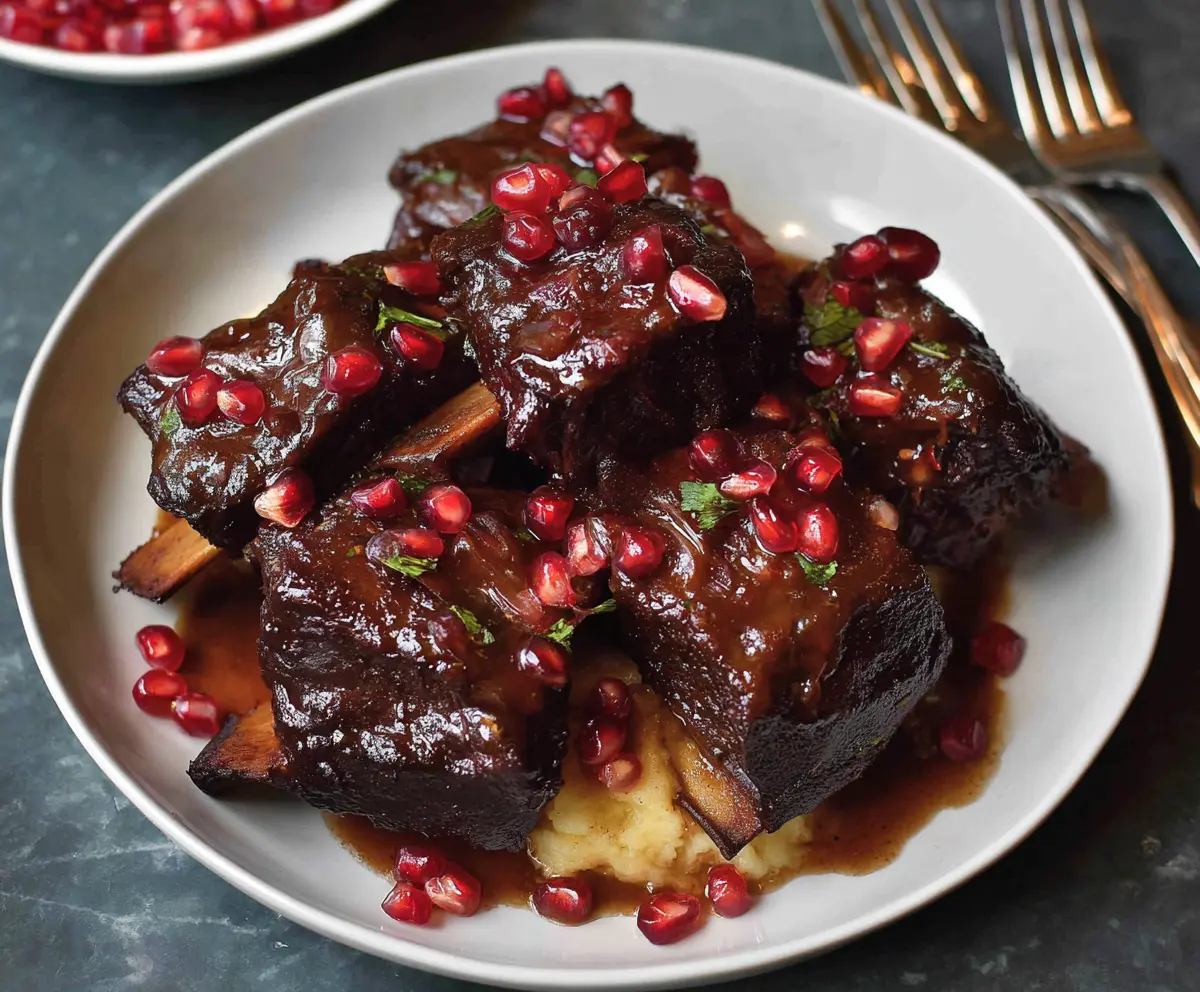 Delicious pomegranate braised short ribs served on a plate, garnished with fresh herbs.