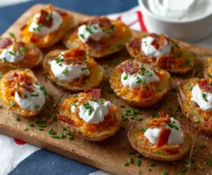 Crispy potato skin bites topped with melted cheese and herbs, served as a tasty appetizer.