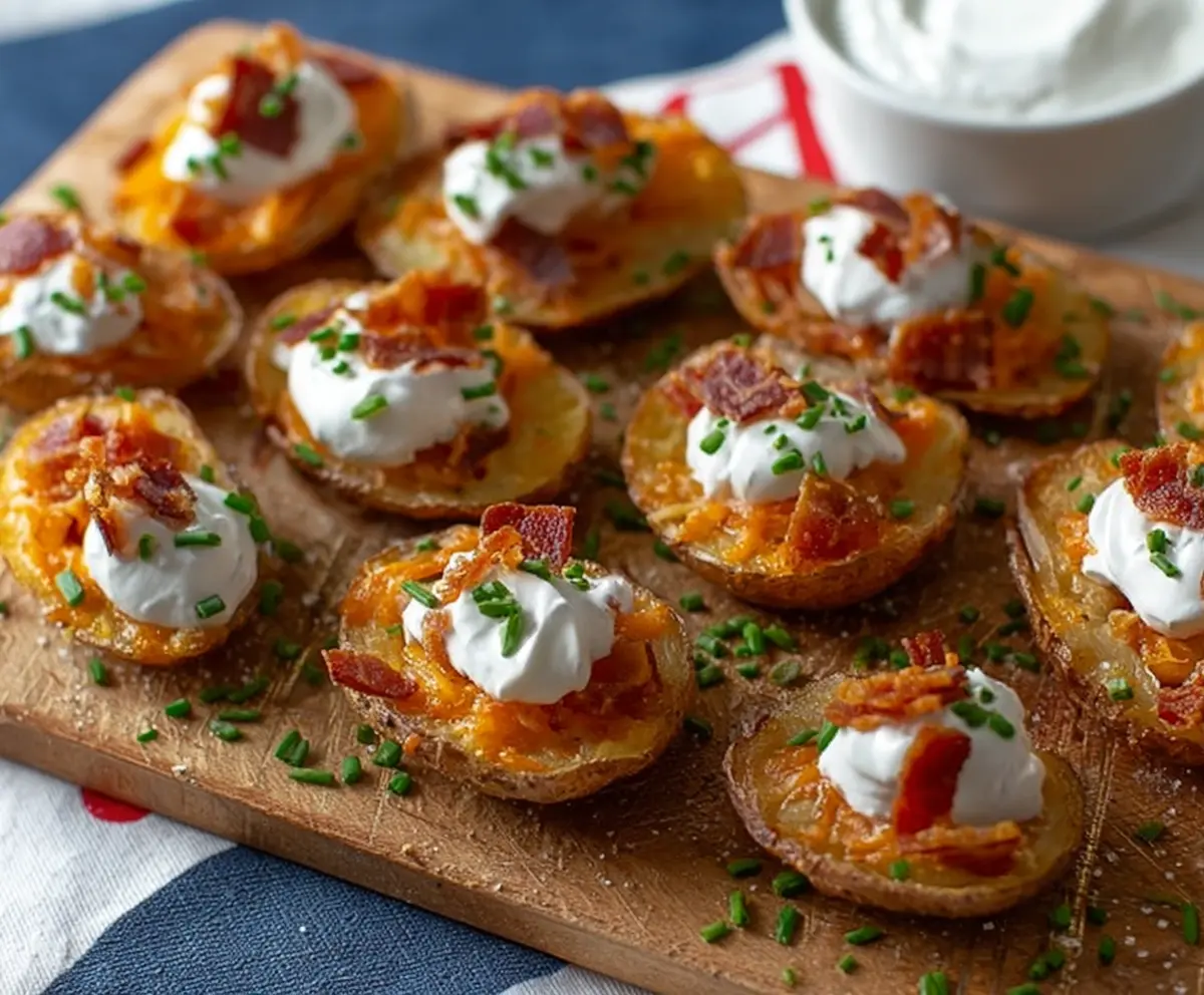 Crispy potato skin bites topped with melted cheese and herbs, served as a tasty appetizer.