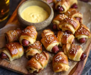 Delicious pretzel pigs in a blanket served with creamy beer cheese dip for a perfect snack.