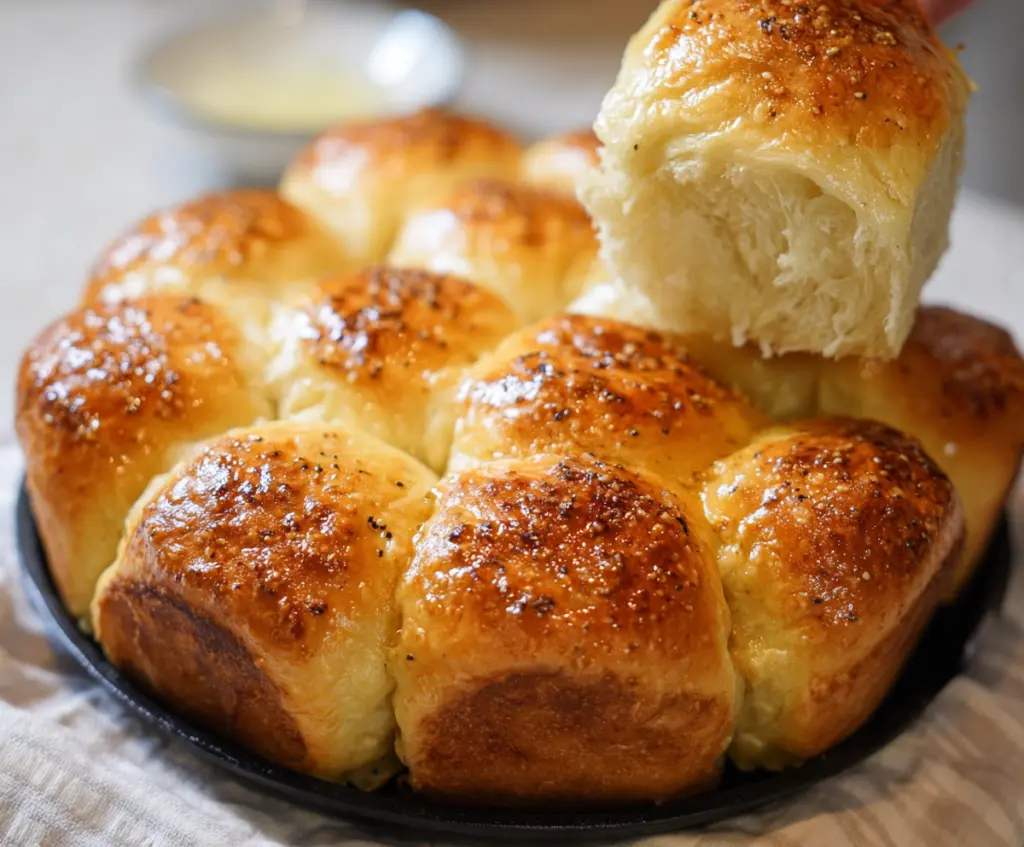 Freshly baked pull apart sourdough dinner rolls stacked on a baking tray, golden brown and fluffy.