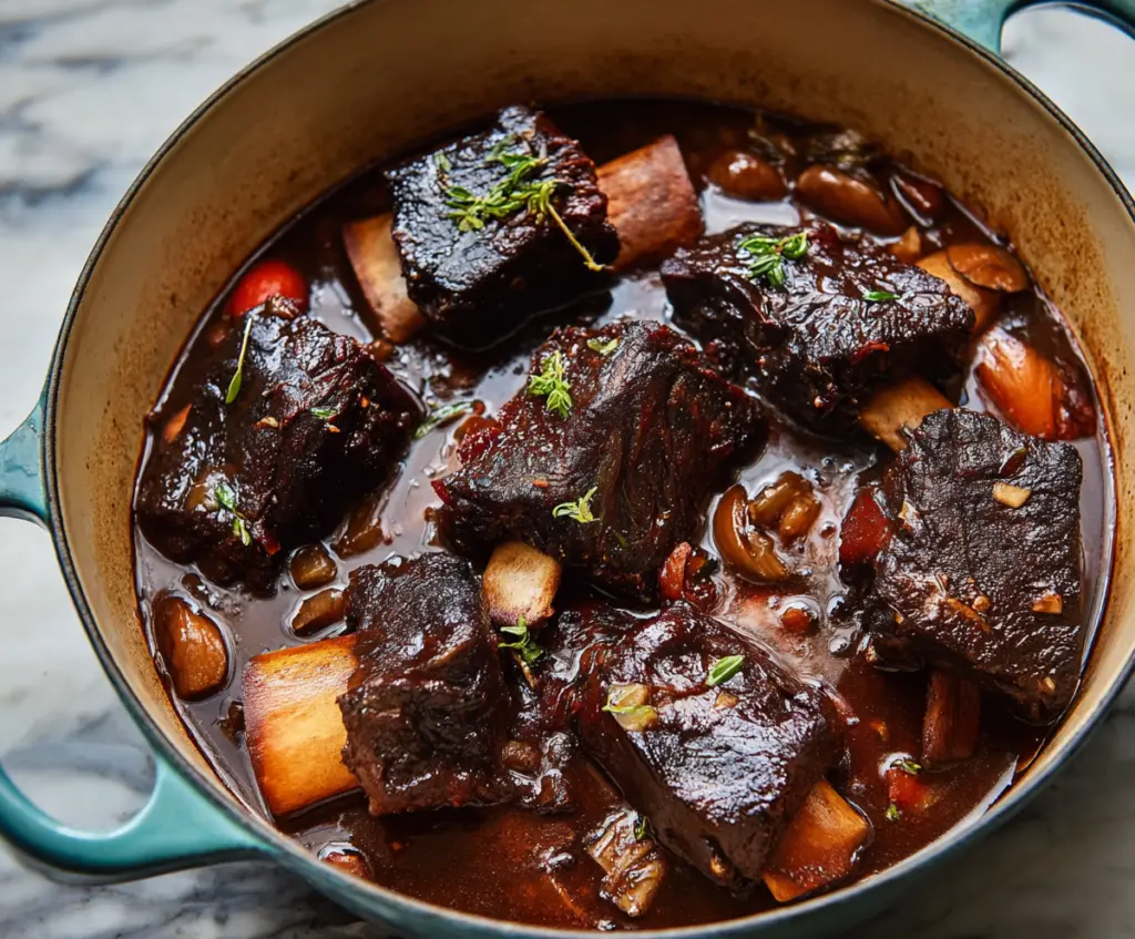 Delicious red wine braised short ribs served with vegetables and herbs