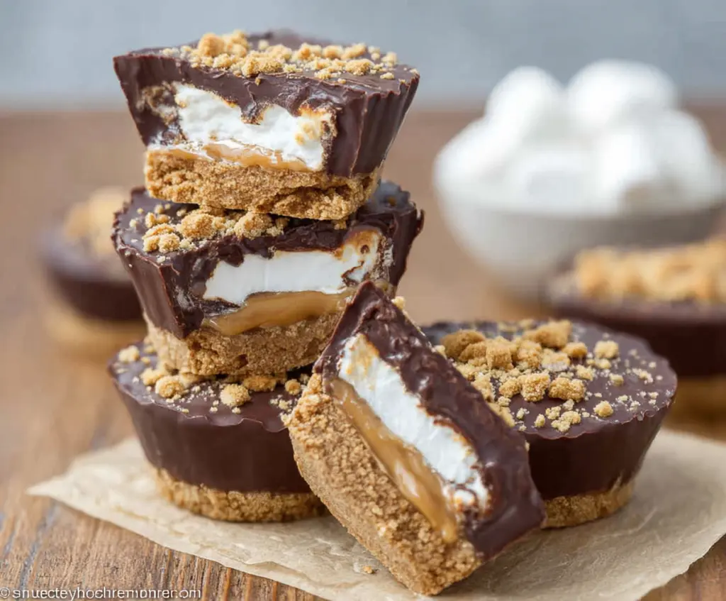 Delicious S'mores Peanut Butter Cups with melted chocolate and marshmallow topping