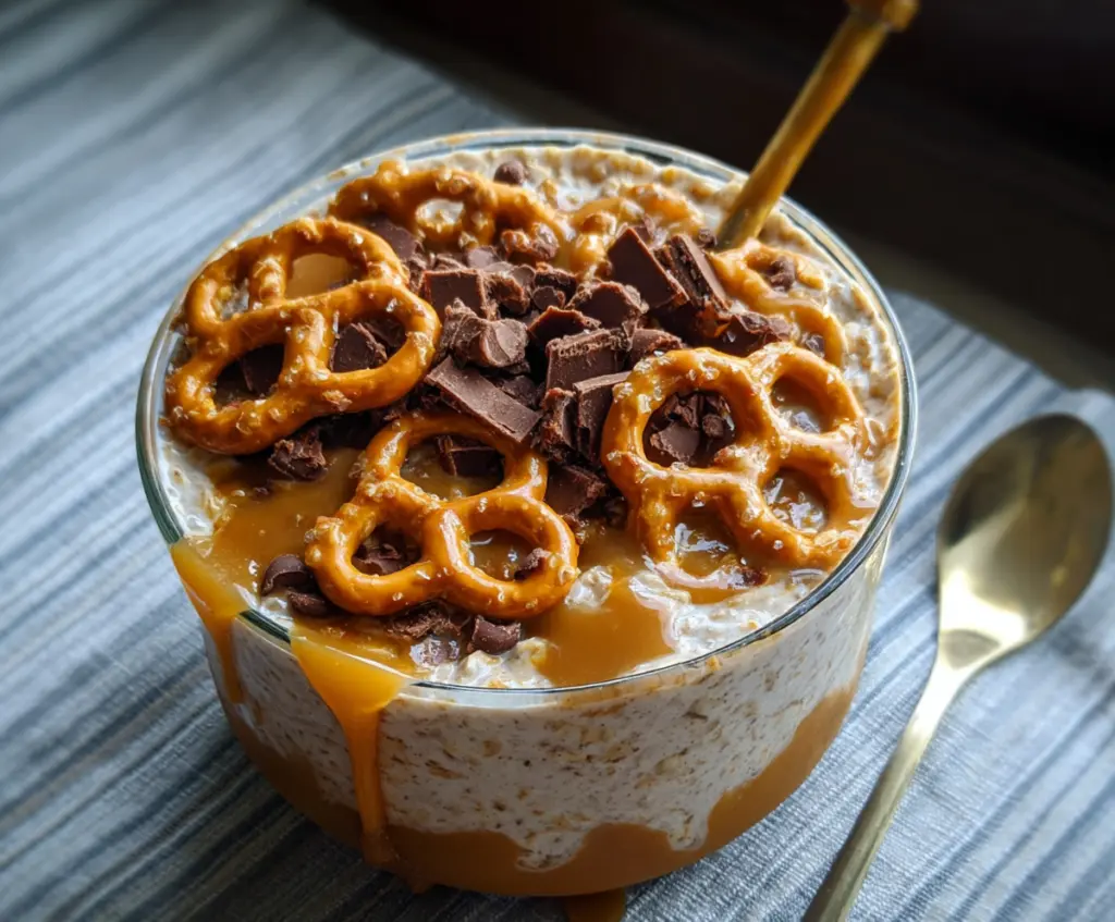 Delicious Salted Caramel Pretzel Overnight Oats in a glass jar with pretzels and caramel sauce.