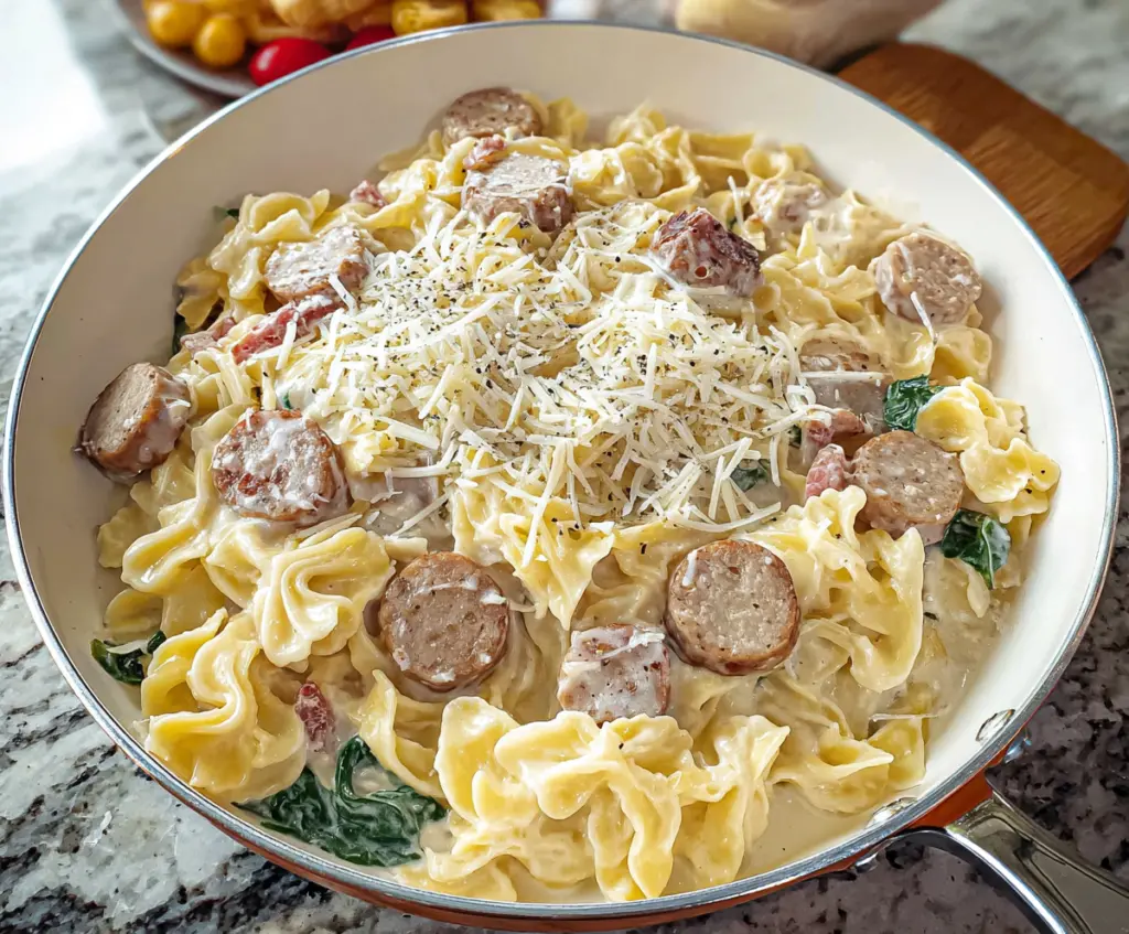 Delicious sausage Alfredo pasta served on a plate with creamy sauce and herbs.