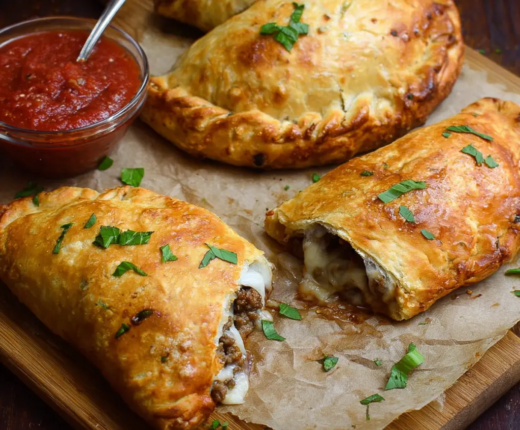 Delicious sausage calzones with melted cheese and golden brown crust on a baking tray.