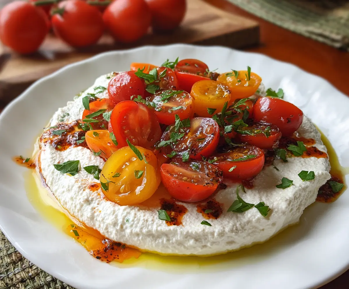 Creamy whipped cottage cheese topped with fresh tomatoes, perfect for a savory snack or appetizer.