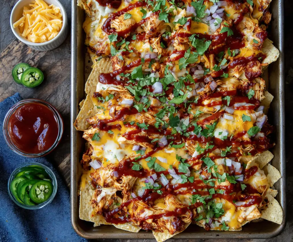 Delicious sheet pan BBQ chicken nachos topped with melted cheese and fresh toppings.