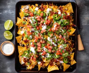 Delicious sheet pan nachos topped with melted cheese, salsa, and jalapenos ready for sharing
