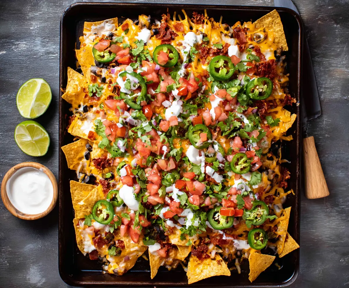 Delicious sheet pan nachos topped with melted cheese, salsa, and jalapenos ready for sharing