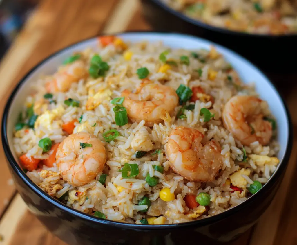 Delicious shrimp fried rice with colorful vegetables on a plate, perfect for a quick meal.