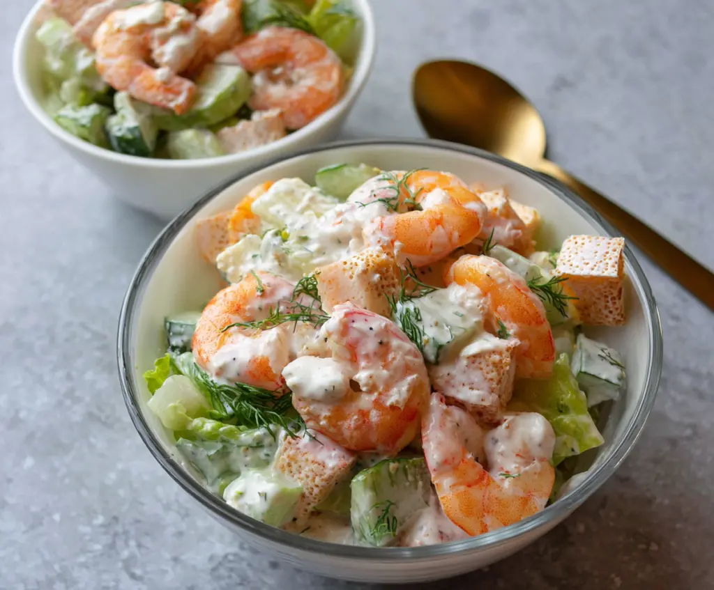 Fresh shrimp salad with creamy yogurt dressing on a white plate, garnished with herbs.