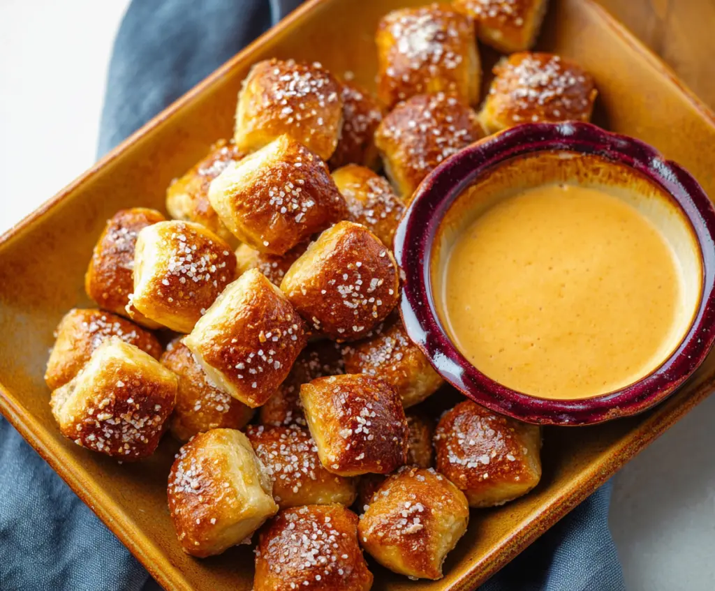 Delicious soft pretzel bites served with dipping sauce on a rustic platter.