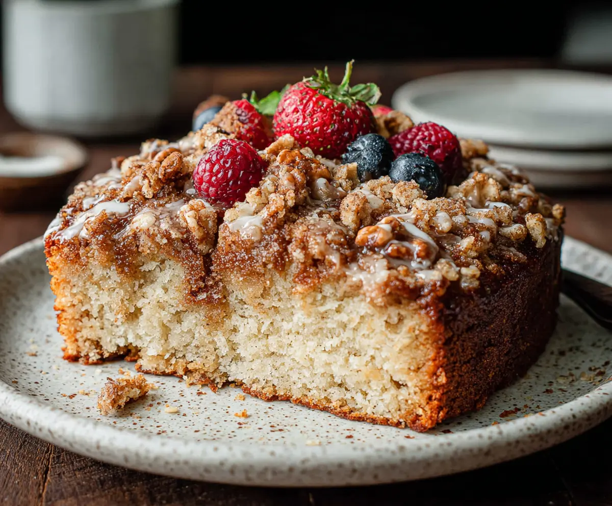 Delicious homemade sourdough breakfast cake served with fresh fruits and a drizzle of honey.