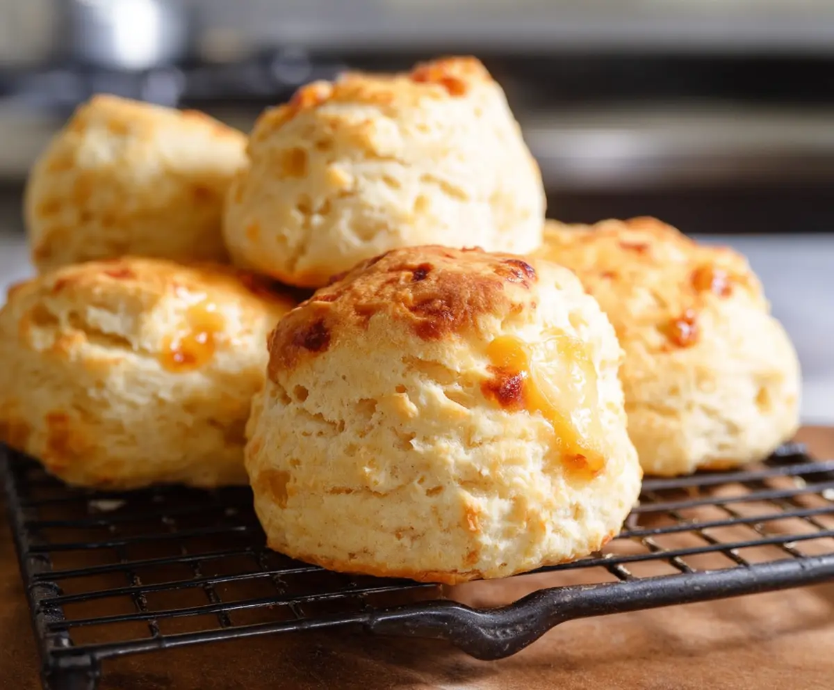 Delicious homemade sourdough cheese scones fresh out of the oven, served on a rustic wooden board.