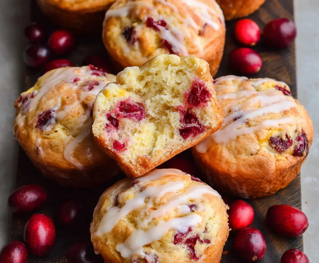Delicious homemade sourdough cranberry orange muffins with a golden top and vibrant cranberries.