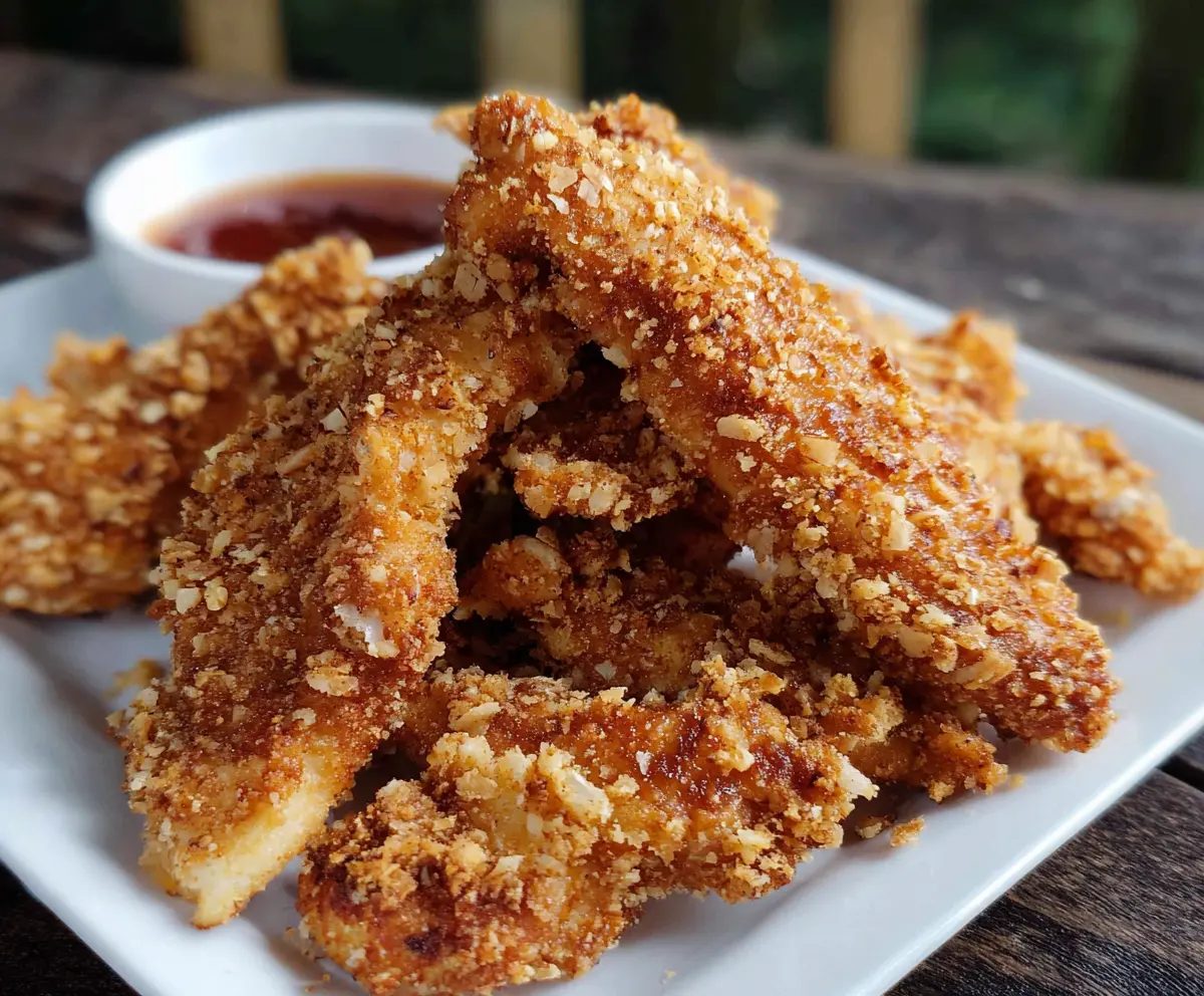 Crispy sourdough discard chicken strips served with a dipping sauce on a wooden plate.