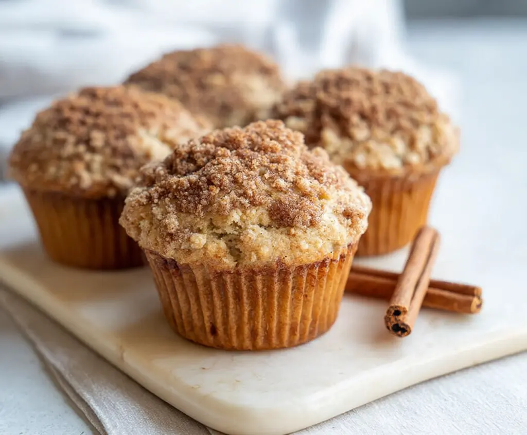 Delicious sourdough discard cinnamon streusel muffins with a golden crust and cinnamon-sugar topping.
