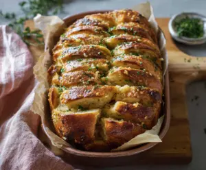Delicious sourdough discard garlic pull apart bread freshly baked, showcasing golden crust and savory garlic filling.