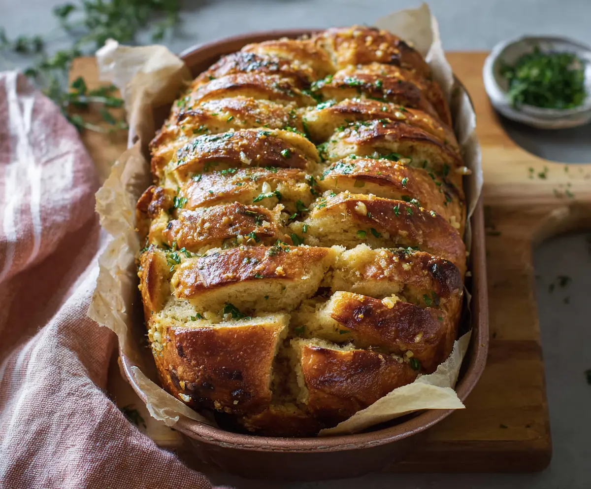 Delicious sourdough discard garlic pull apart bread freshly baked, showcasing golden crust and savory garlic filling.