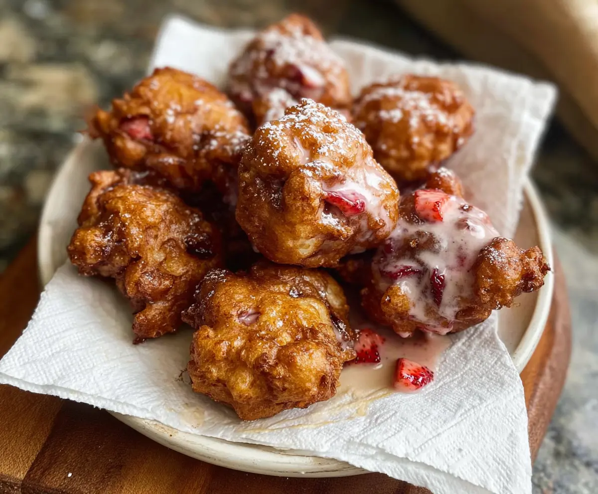 Delicious homemade sourdough discard strawberry fritters with golden crispy exterior and fresh strawberry filling.