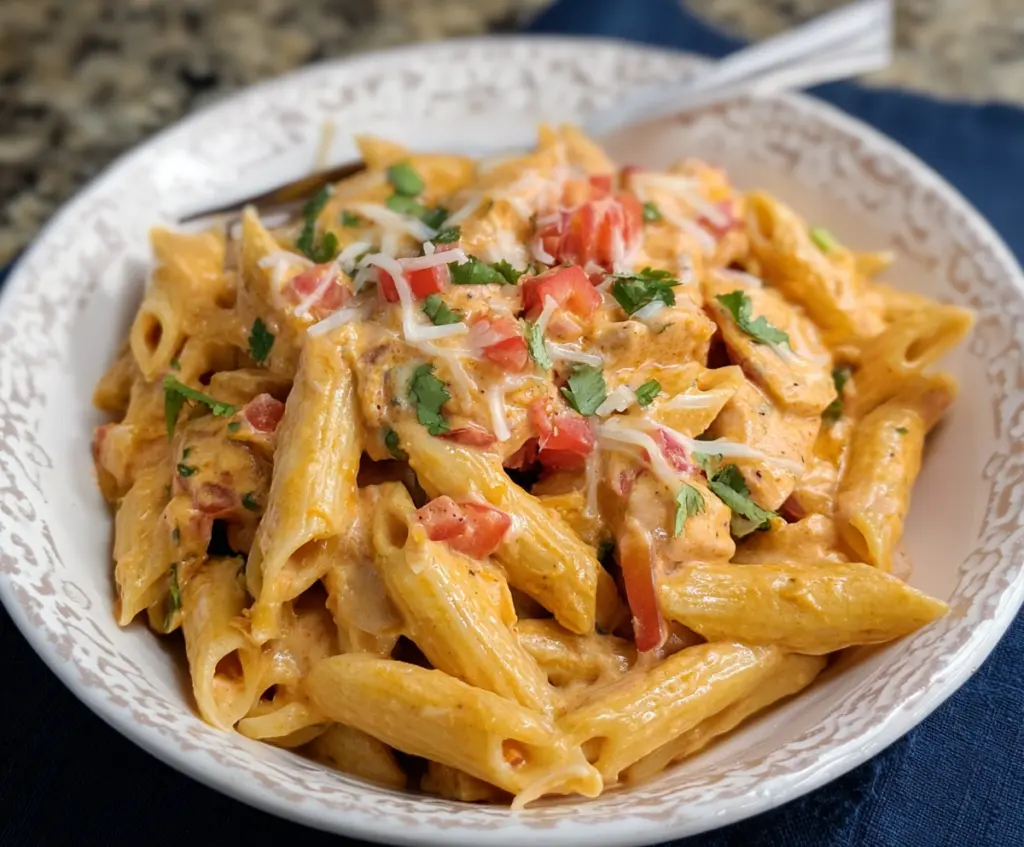Creamy Southwest Alfredo Penne Pasta with peppers and chicken in a bowl