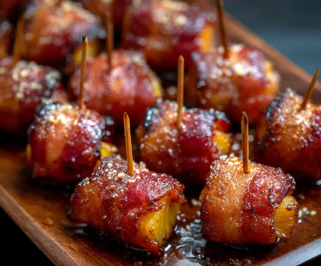 Delicious Spicy Brown Sugar Bacon Wrapped Pineapple Bites on a serving platter.