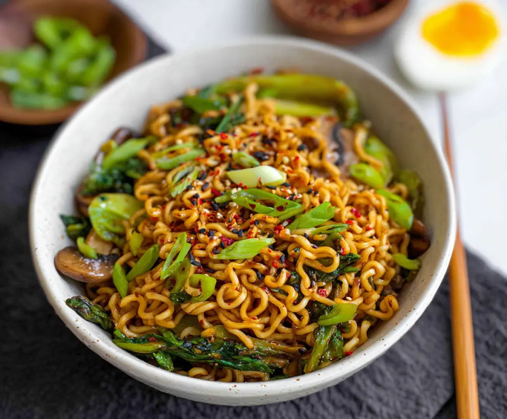 Delicious stir fry ramen noodles with colorful vegetables and savory sauce.