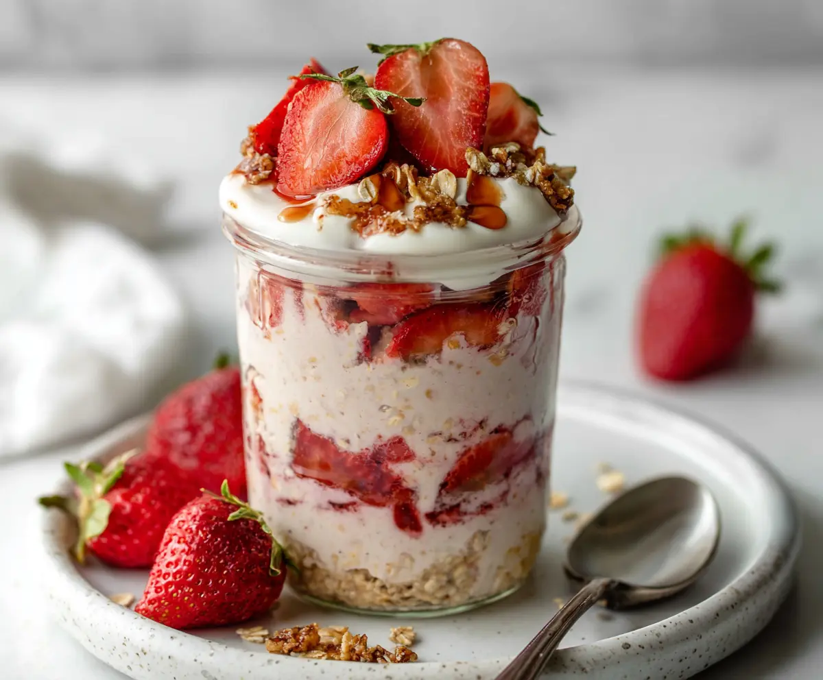 Creamy strawberry cheesecake overnight oats in a jar, topped with fresh strawberries and a graham cracker crumble.
