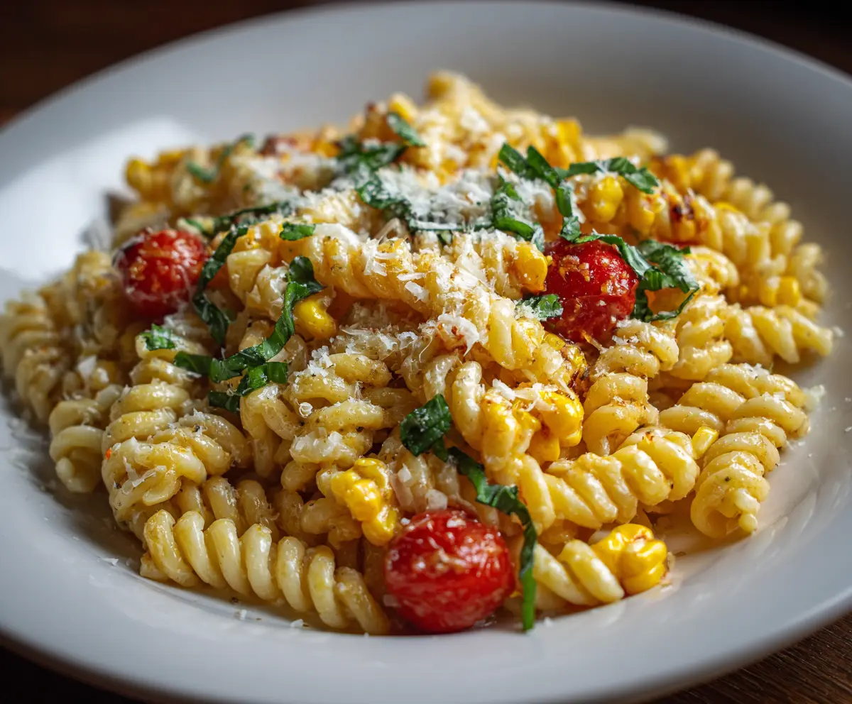 Creamy sweet corn pasta dish garnished with fresh herbs on a white plate.
