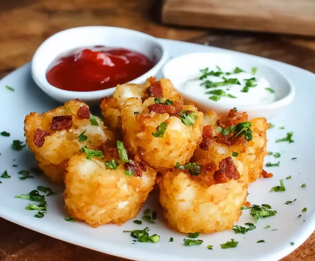 Crispy Tater Tot Bites served with dipping sauce on a platter, perfect finger food appetizer.