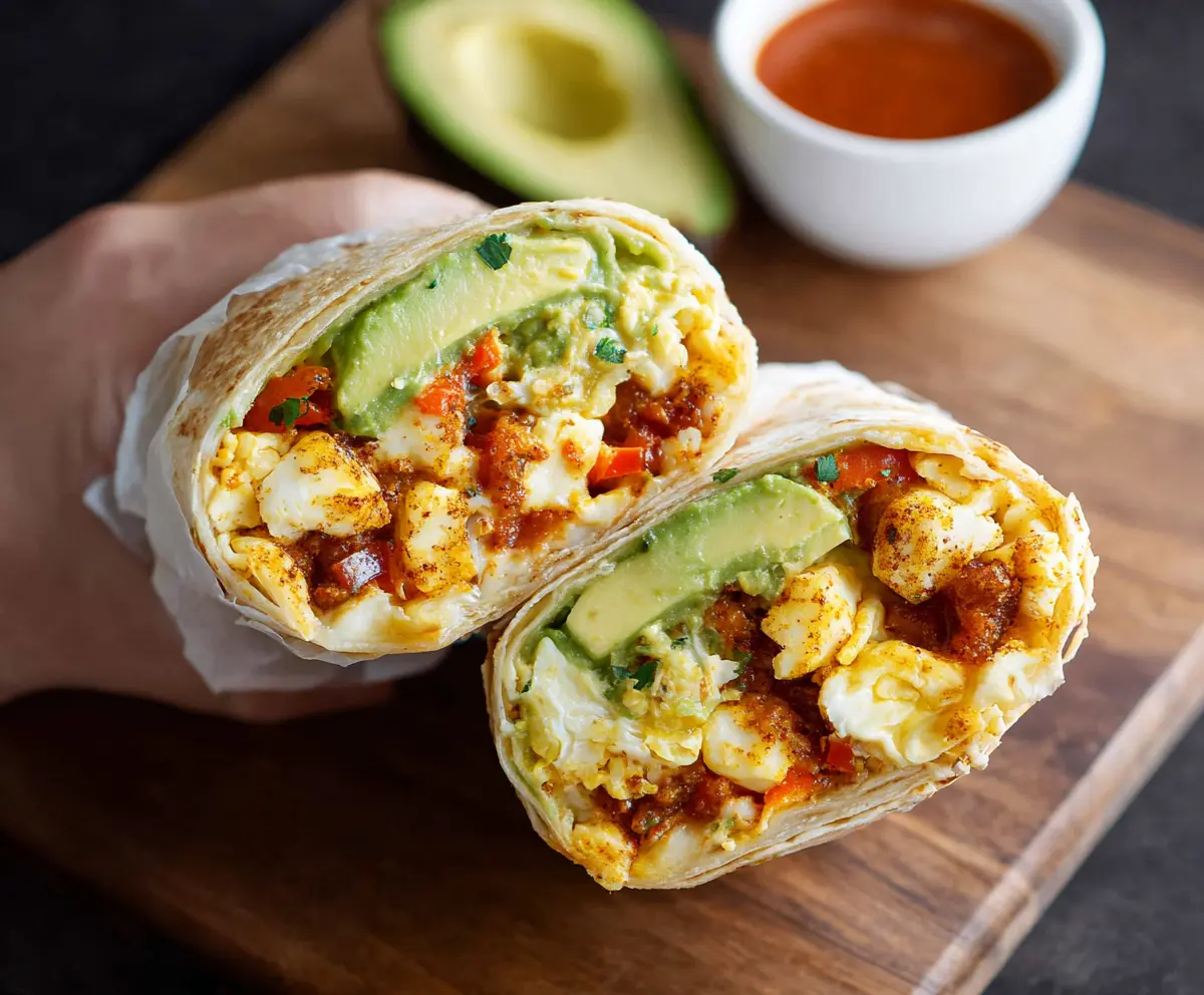 Healthy veggie breakfast burrito filled with fresh vegetables and scrambled eggs.