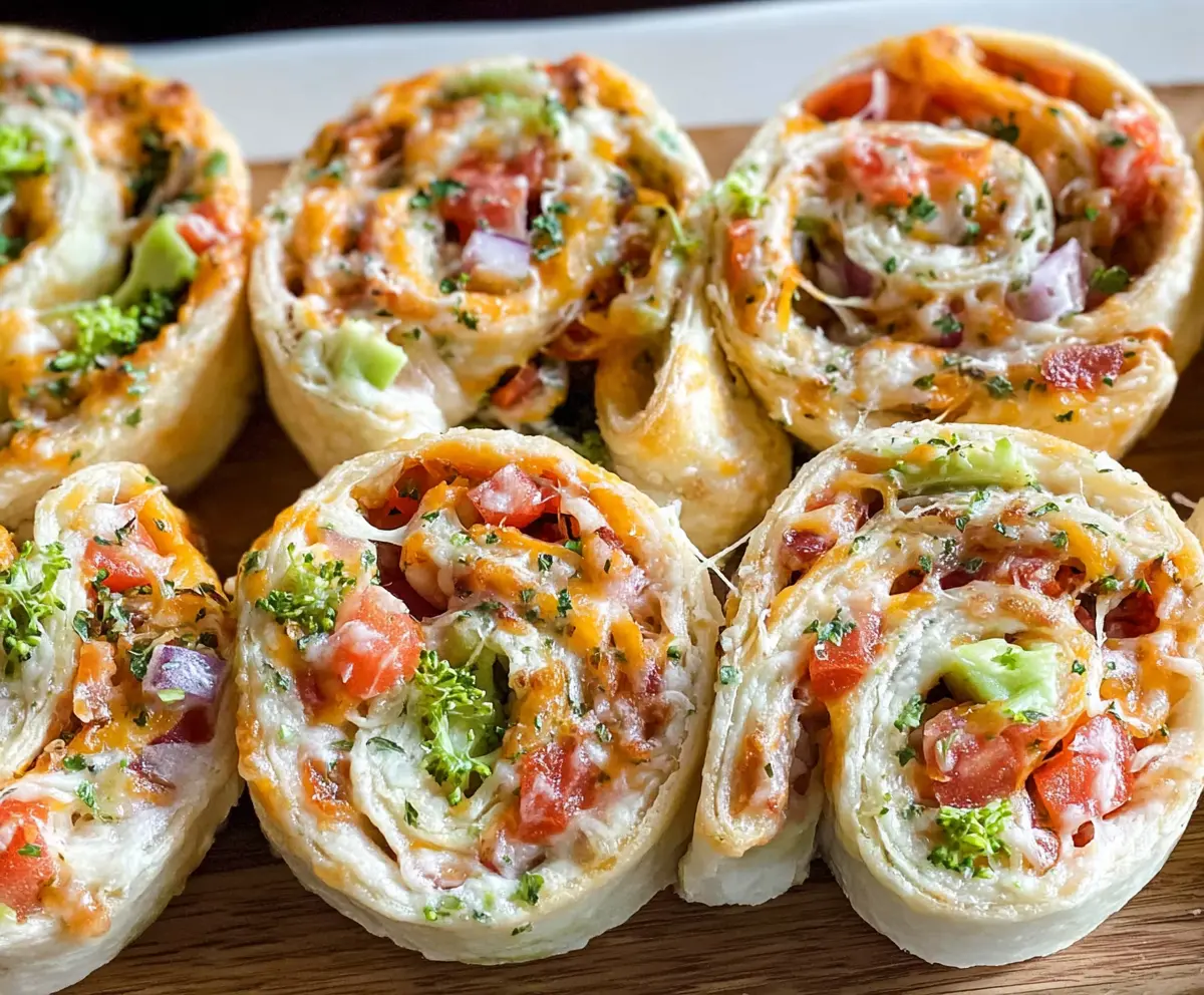 Delicious veggie pizza pinwheels with colorful vegetables and crispy crust, perfect for snacking and parties.