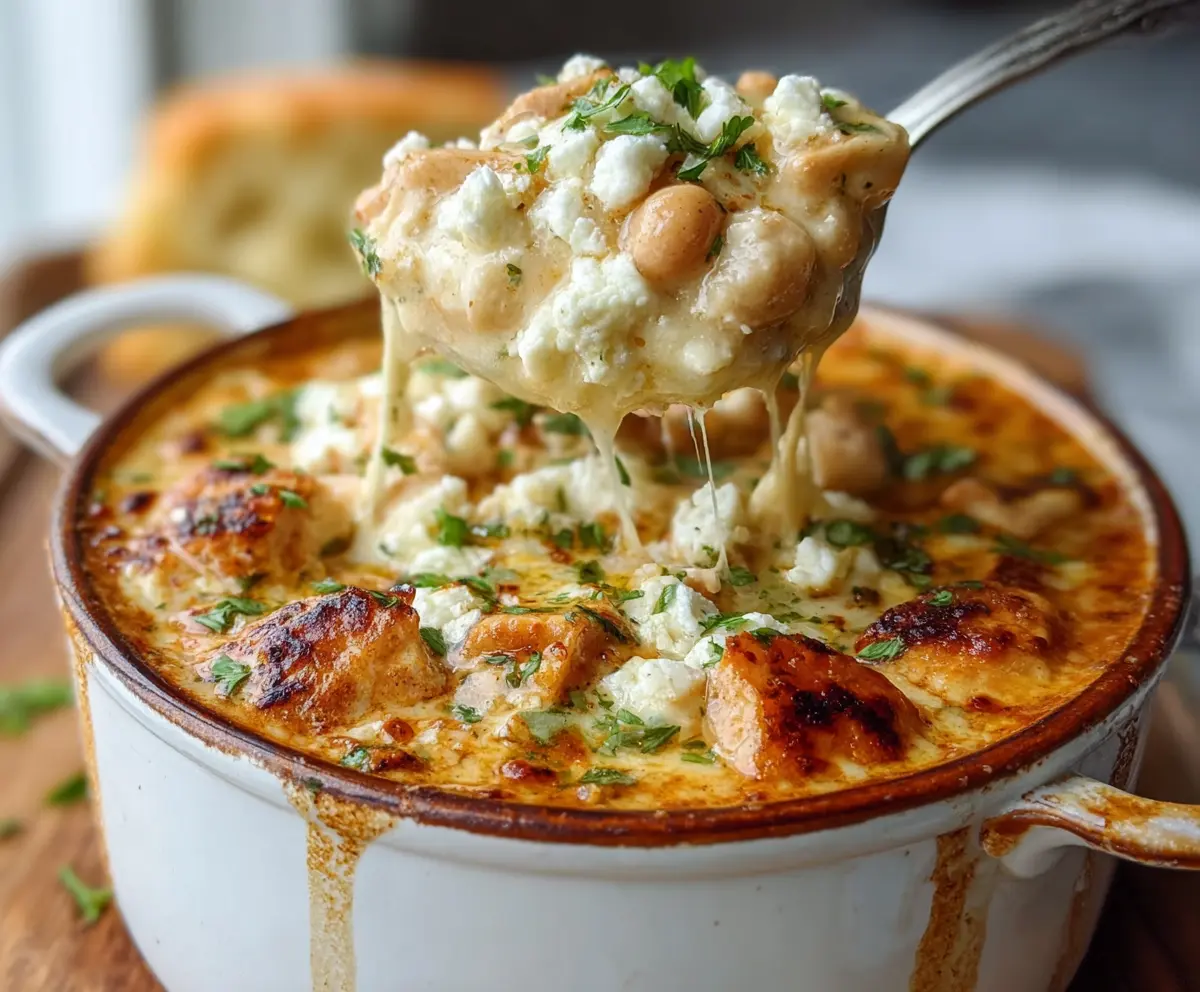 Delicious white chicken chili cottage cheese winter bake in a baking dish.