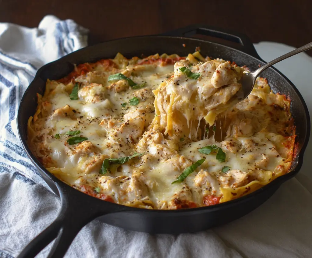 Creamy White Chicken Skillet Lasagna served in a skillet with melted cheese and fresh herbs.