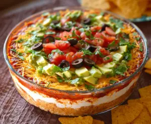 Delicious 5 Layer Dip with topped cheese, guacamole, sour cream, salsa, and shredded lettuce.