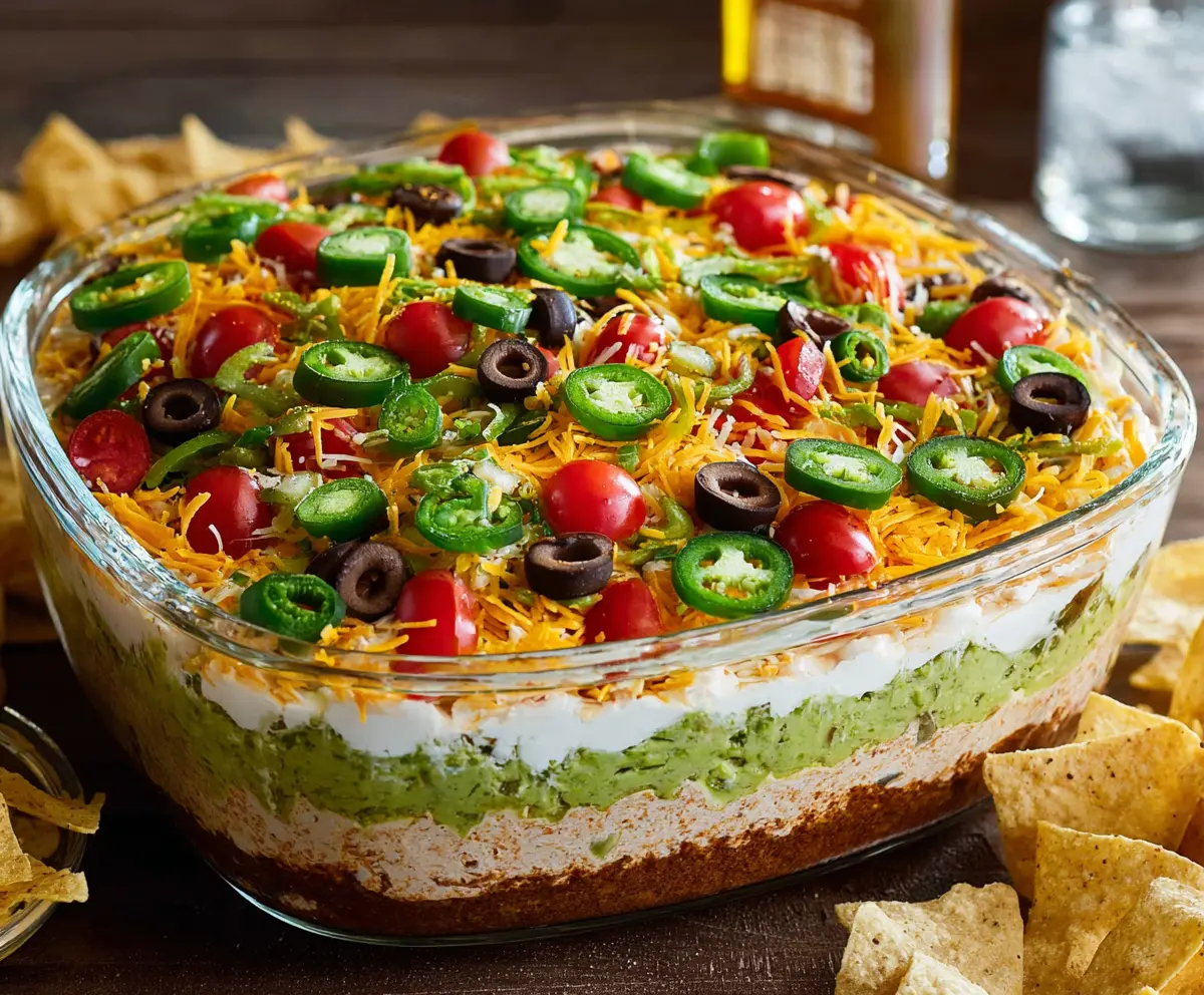 Colorful 7 Layer Dip with layers of beans, cheese, guacamole, and toppings in a clear glass dish.