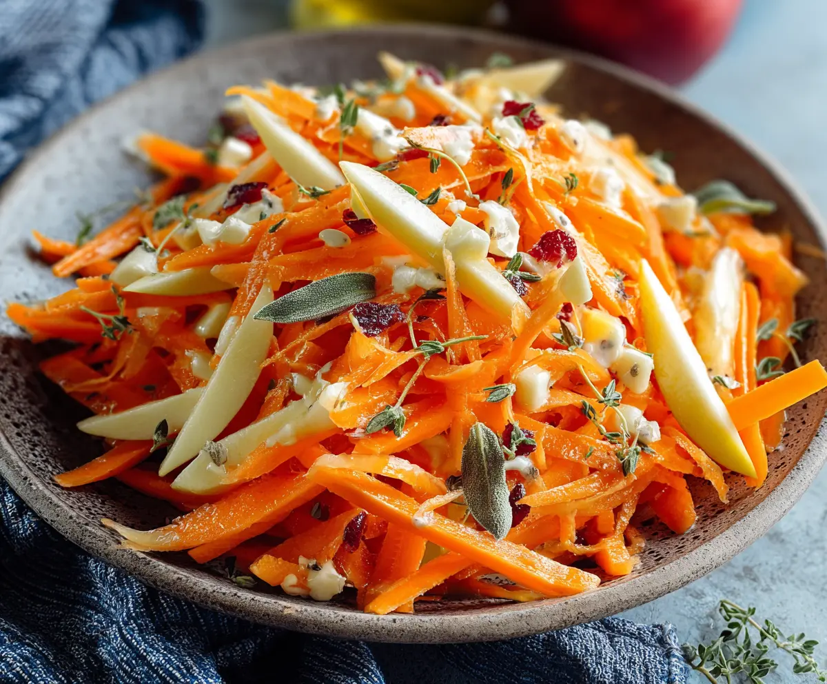 Fresh apple and carrot salad topped with citrus dressing in a bowl, vibrant and healthy appetizer.
