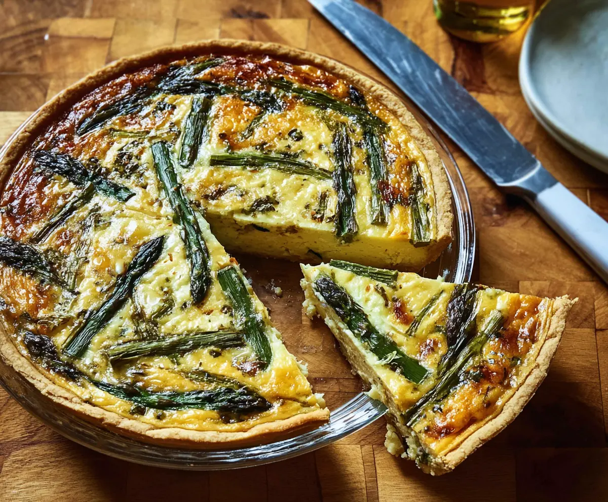 Delicious asparagus and Gruyere cheese quiche on a baking dish, perfect for brunch or lunch.