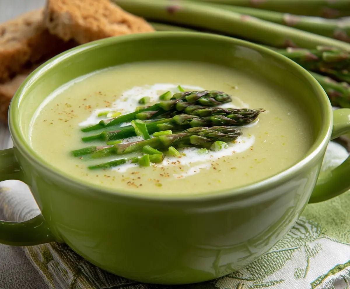 Creamy asparagus and leek soup served in a bowl, garnished with herbs.