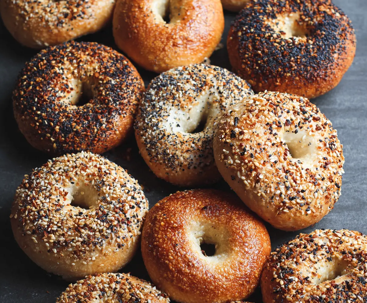 Golden-brown New York style bagels with a shiny crust and chewy texture.