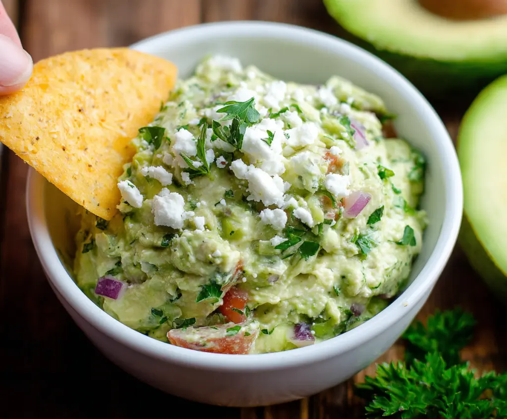 Creamy avocado crack dip in a bowl with fresh ingredients and tortilla chips