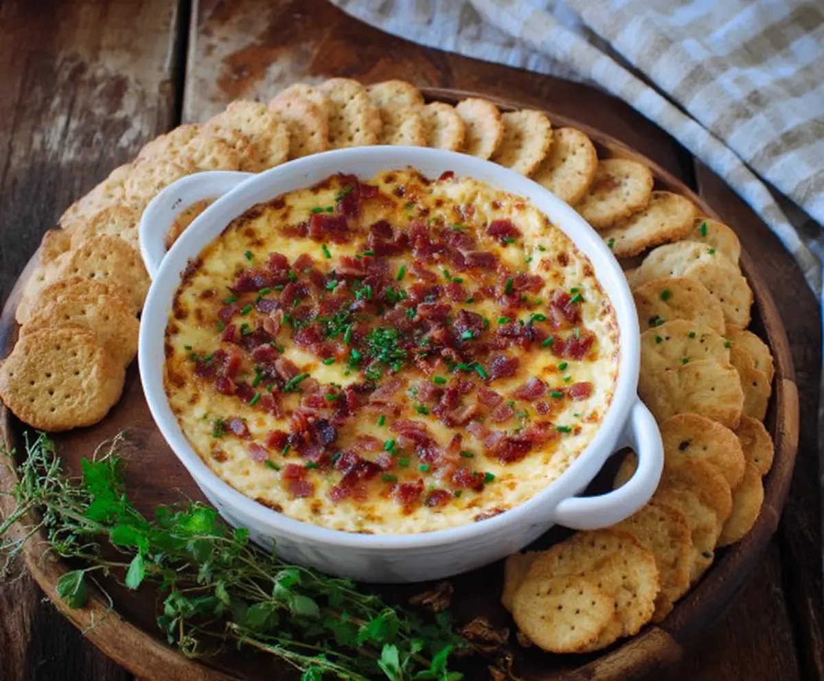 Creamy bacon and Gouda cheese dip with smoked cheese served with crackers
