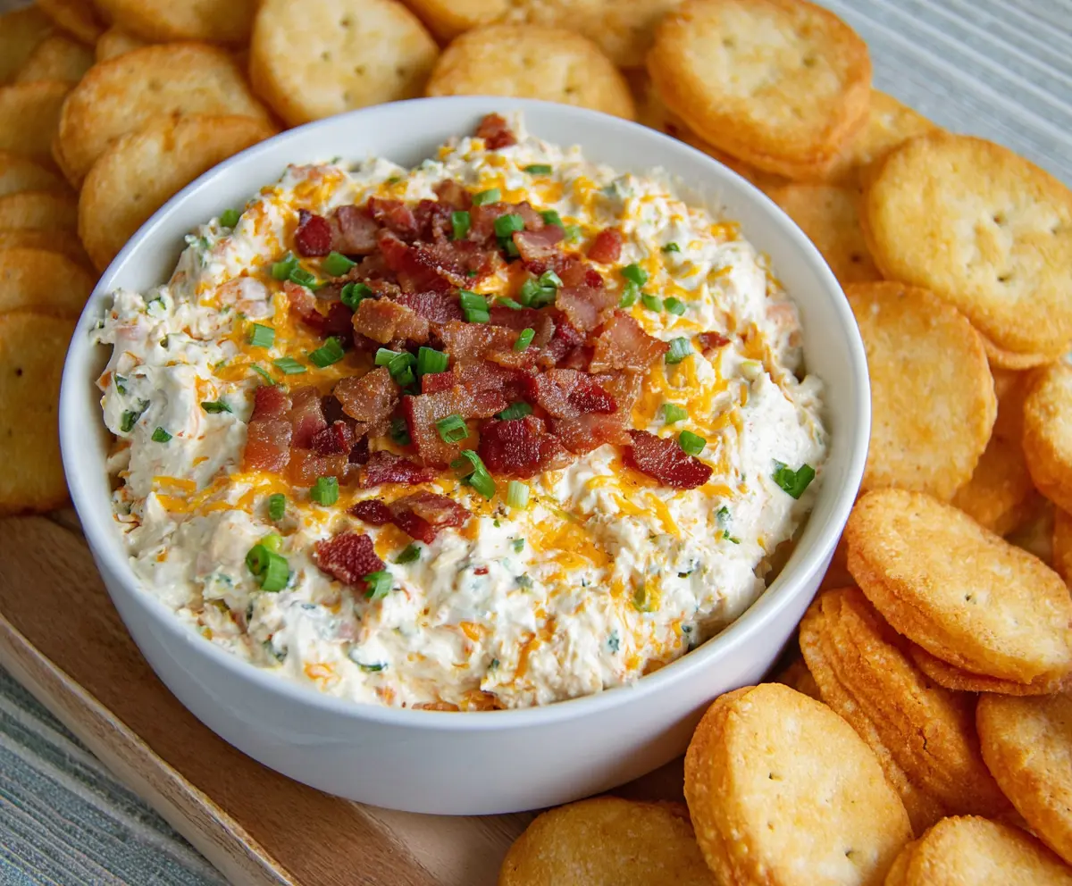Creamy Bacon Cheddar Ranch Dip served with fresh vegetables and chips.